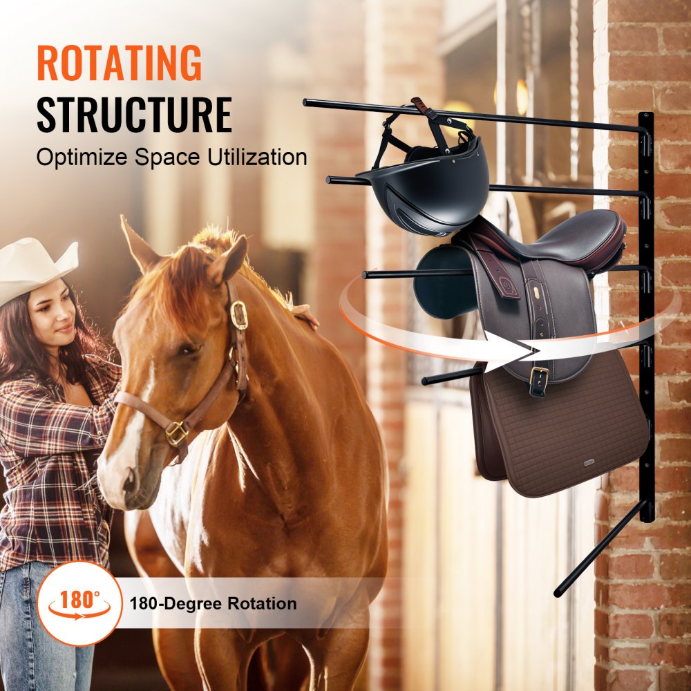 Wall-mounted 6-tier saddle rack with a foldable design for English and Western saddles.