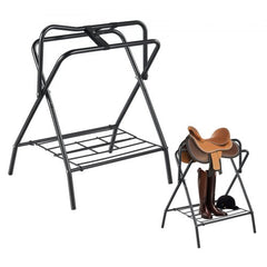 Black carbon steel folding freestanding saddle rack with English saddle, boots, and helmet.