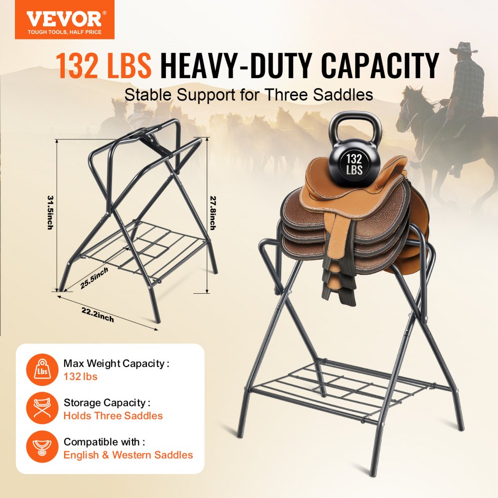 Carbon steel folding saddle rack with rust-resistant coating for three English saddles.