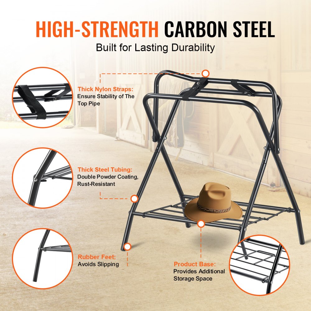 Folding freestanding carbon steel saddle rack with thick tubing, powder coating, rubber feet, and storage shelf.