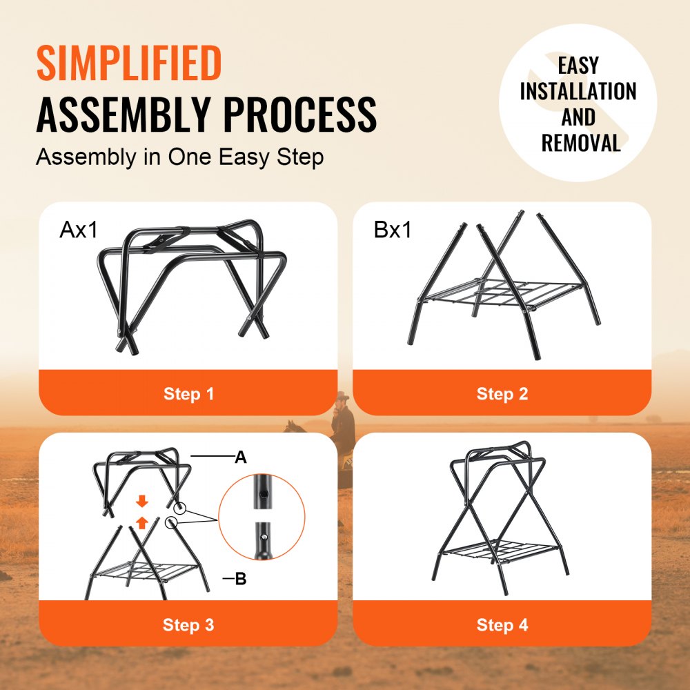 Four-step assembly process images for a black folding freestanding saddle rack made of carbon steel.