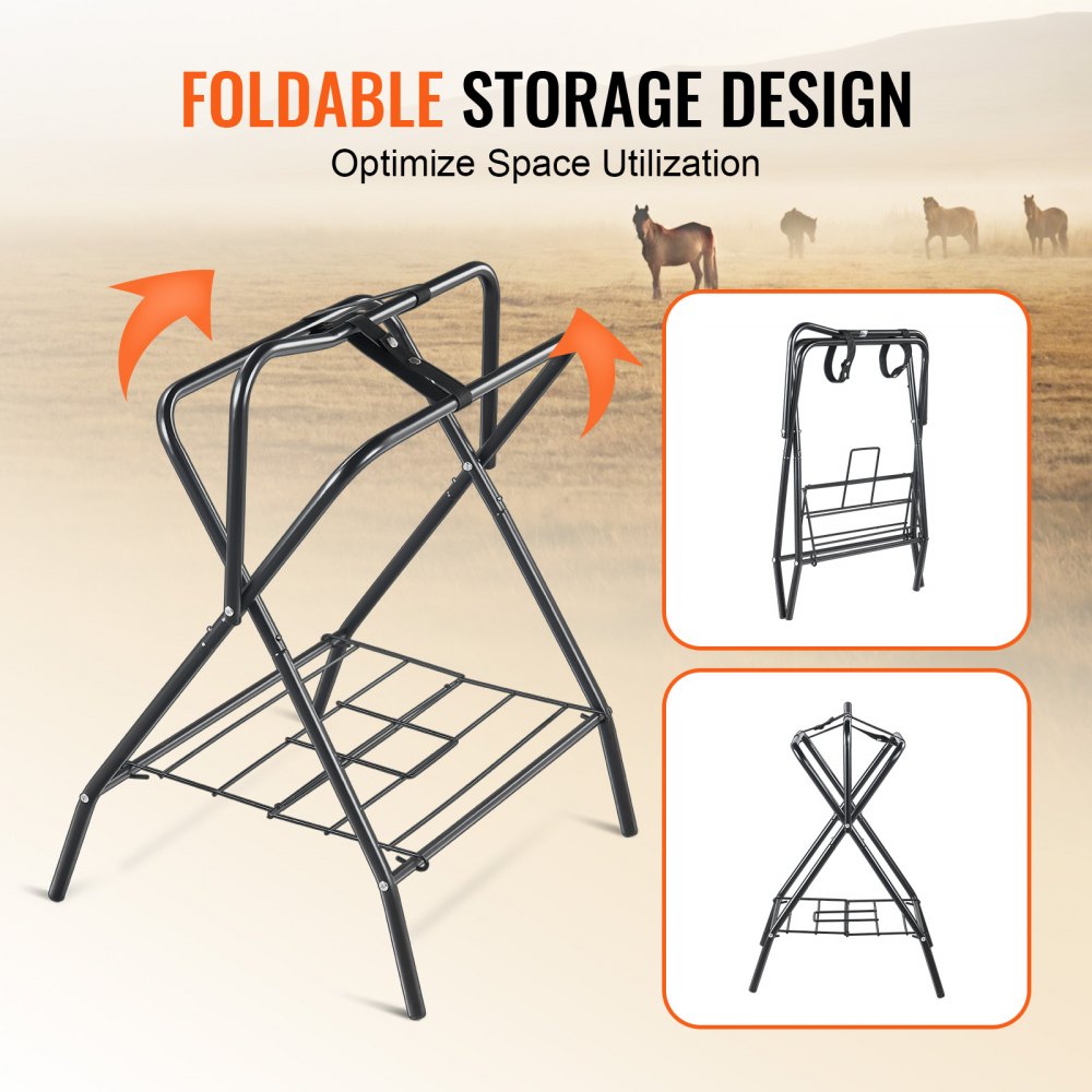 Black carbon steel folding saddle rack for English saddles with freestanding design.