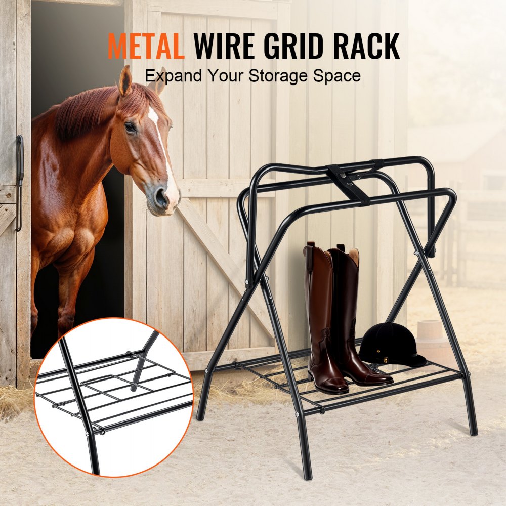 Folding freestanding saddle rack made of carbon steel for English saddles, shown with boots and helmet.