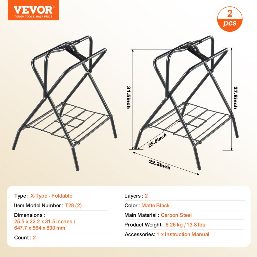 Folding freestanding saddle rack made of matte black carbon steel, 28x19x37.5 inches, holds up to 132 lbs.