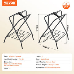 Folding freestanding saddle rack made of matte black carbon steel, 28x19x37.5 inches, holds up to 132 lbs.