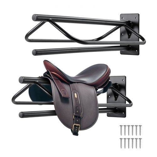 Black wall-mounted carbon steel saddle rack with pad bar, designed for efficient storage.