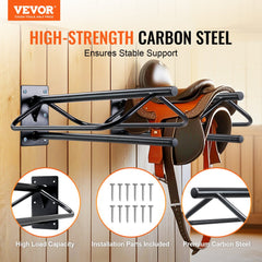 Black wall-mounted carbon steel saddle rack with pad bar, designed for efficient storage.