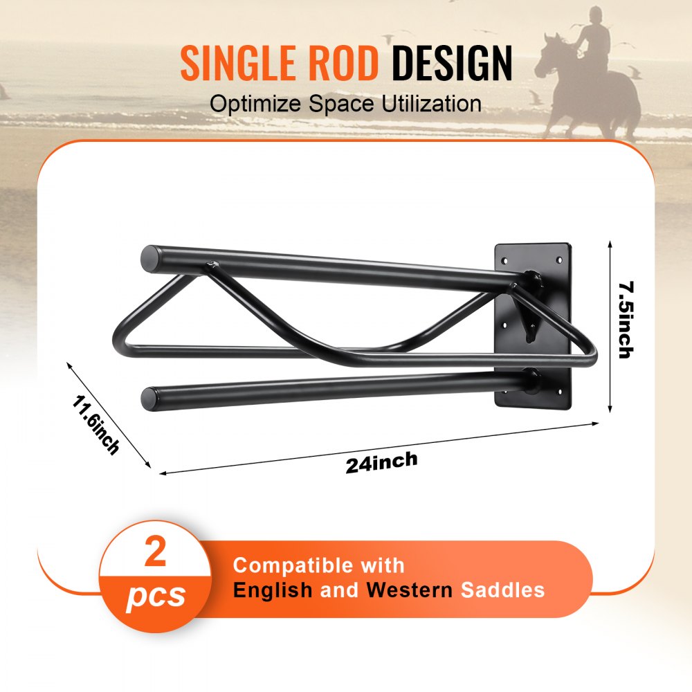 Black carbon steel wall-mounted saddle rack with a pad bar, designed for efficient storage.