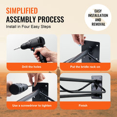 Black wall-mounted carbon steel saddle rack with pad bar, designed for saddle and tack storage.