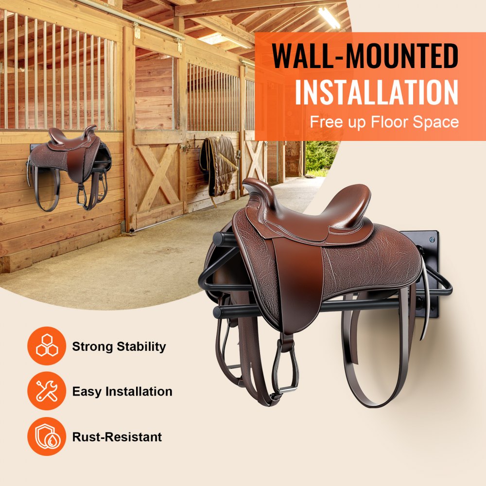 Black wall-mounted carbon steel saddle rack with pad bar, designed for efficient tack storage.