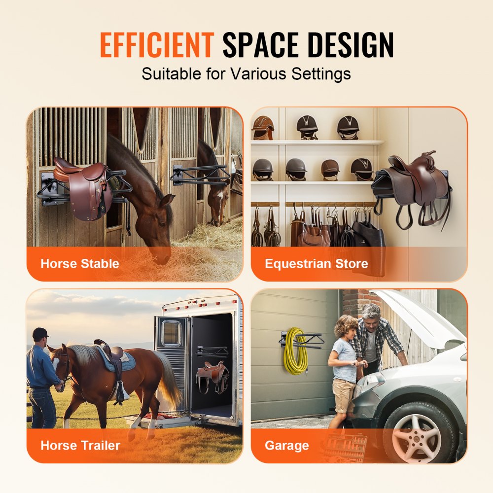 Black wall-mounted carbon steel saddle rack with pad bar, designed for efficient storage.