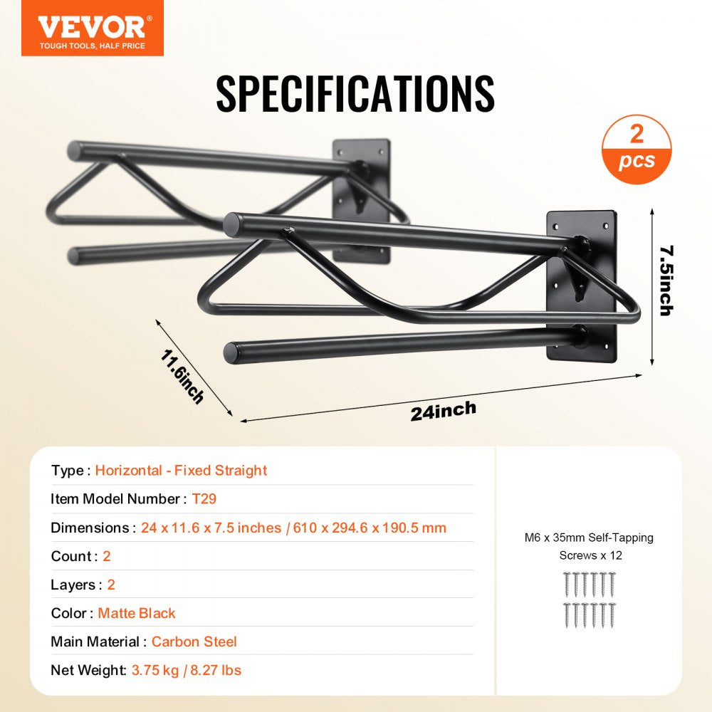 Black wall-mounted carbon steel saddle rack with pad bar, designed for efficient storage.