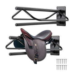Black wall-mounted carbon steel saddle rack with pad bar, designed for efficient storage.