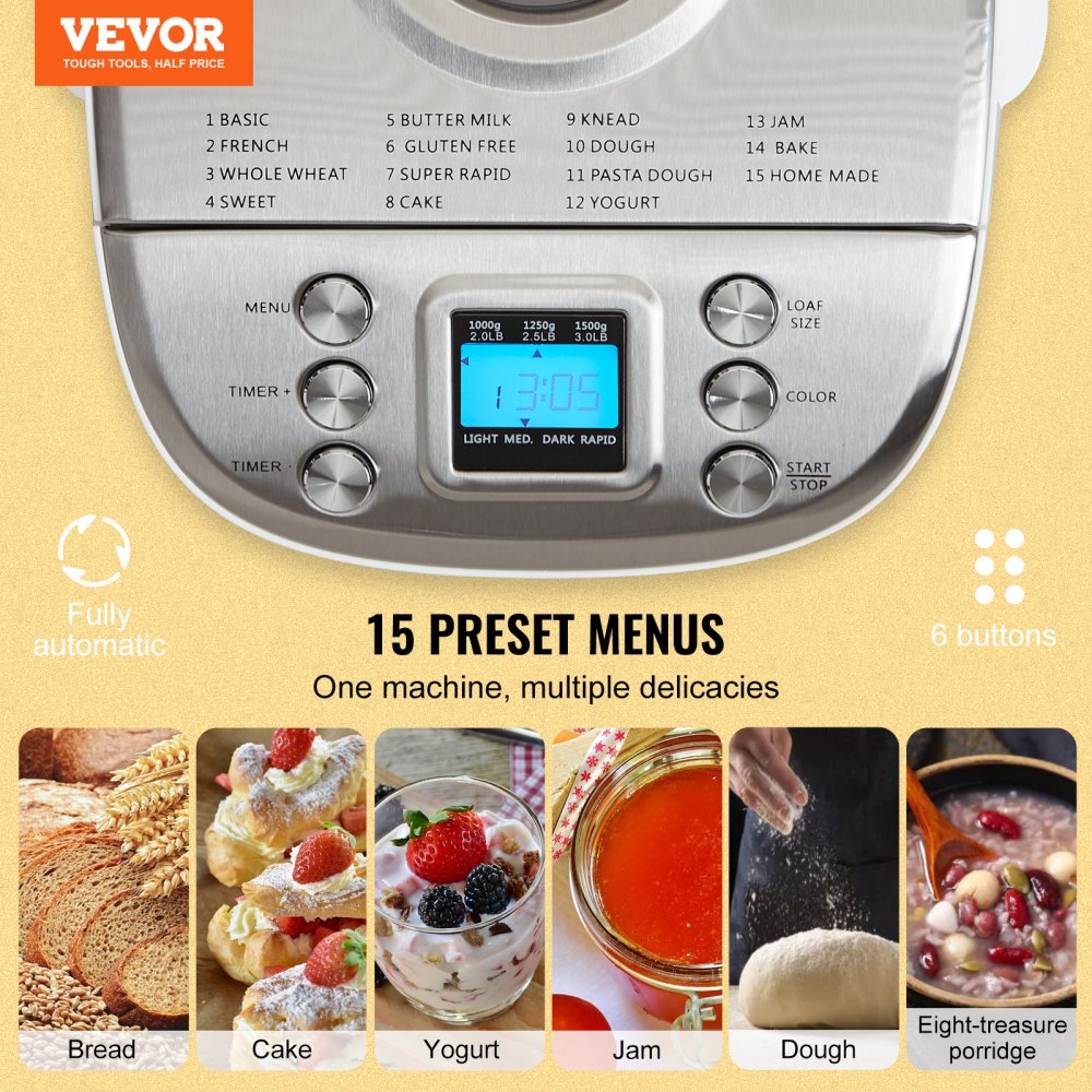 Bread Maker, 15-in-1 3LB Dough Machine, Nonstick Ceramic Pan Automatic Breadmaker with Gluten Free Setting, Whole Wheat Bread Making, Digital, Programmable, 3 Loaf Sizes, 3 Crust Colors, White