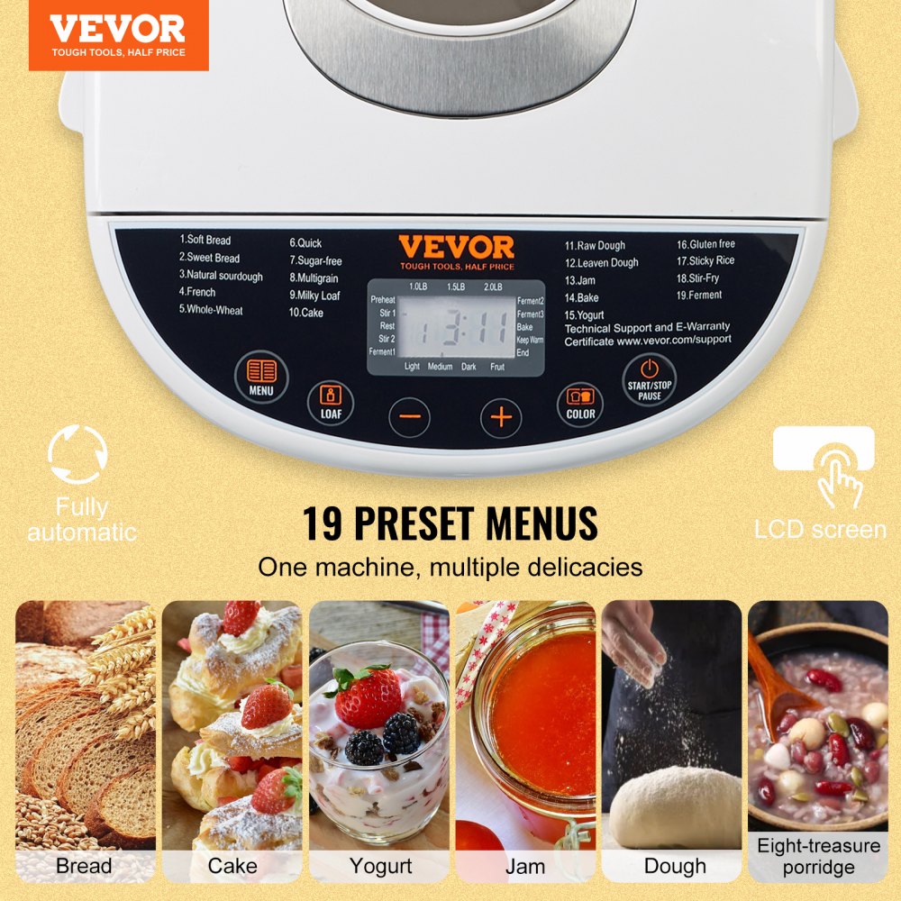 Bread Maker, 19-in-1 2LB Dough Machine, Nonstick Ceramic Pan Automatic Breadmaker with Gluten Free Setting, Whole Wheat Bread Making, Digital, Programmable, 3 Loaf Sizes, 3 Crust Colors, White