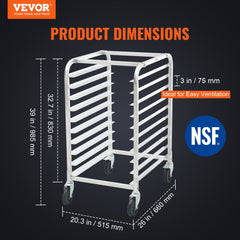 Bun Pan Rack, 10-Tier Commercial Bakery Racks with Brake Wheels, Aluminum Racking Trolley Storage for Half & Full Sheet, Speed Rack For Kitchen Home, Bread Baking Equipment, 26"L x 20.3"W x 39"H