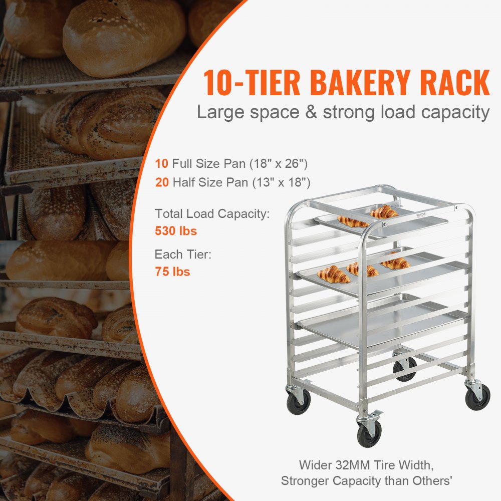 Bun Pan Rack, 10-Tier Commercial Bakery Racks with Brake Wheels, Aluminum Racking Trolley Storage for Half & Full Sheet, Speed Rack For Kitchen Home, Bread Baking Equipment, 26"L x 20.3"W x 39"H