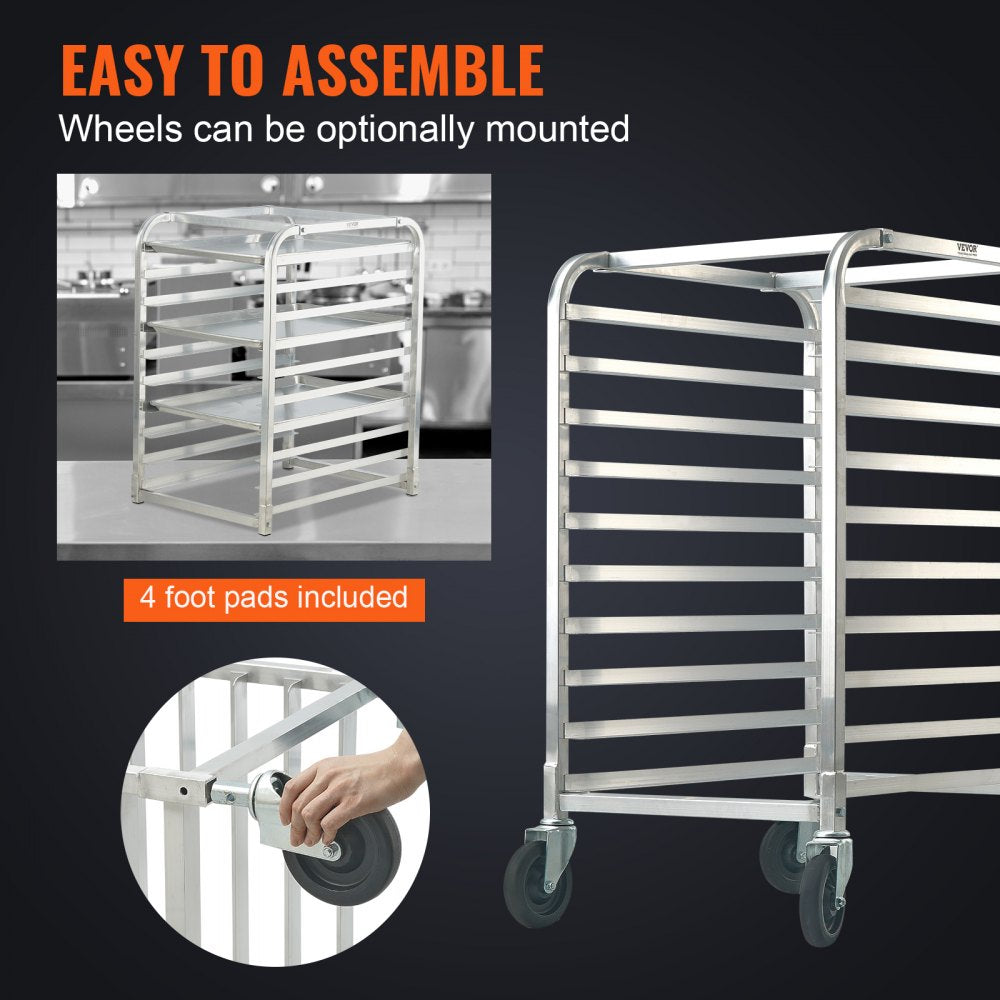 Bun Pan Rack, 10-Tier Commercial Bakery Racks with Brake Wheels, Aluminum Racking Trolley Storage for Half & Full Sheet, Speed Rack For Kitchen Home, Bread Baking Equipment, 26"L x 20.3"W x 39"H