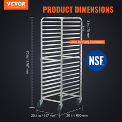 Bun Pan Rack, 20-Tier Commercial Bakery Racks with Brake Wheels, Aluminum Racking Trolley Storage for Half & Full Sheet, Speed Rack For Kitchen Home, Bread Baking Equipment, 26"L x 20.4"W x 70"H