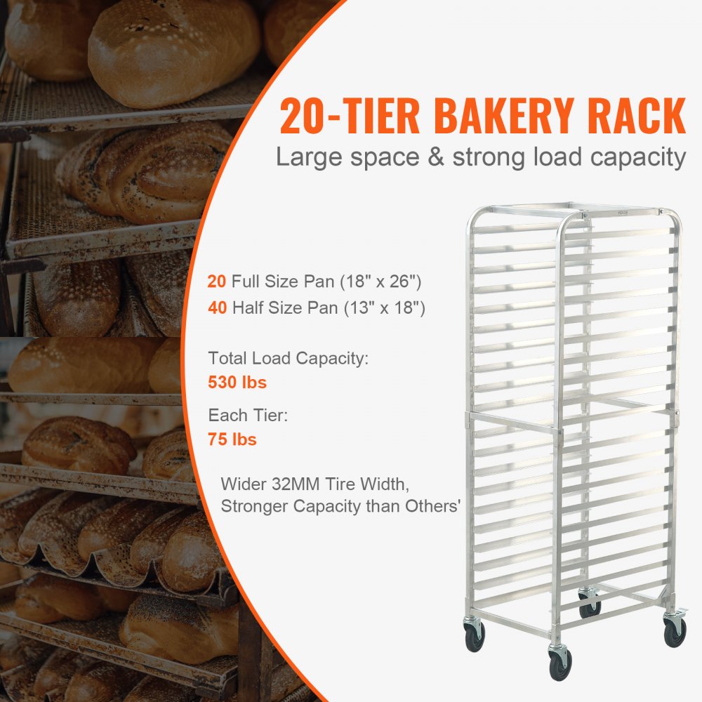 Bun Pan Rack, 20-Tier Commercial Bakery Racks with Brake Wheels, Aluminum Racking Trolley Storage for Half & Full Sheet, Speed Rack For Kitchen Home, Bread Baking Equipment, 26"L x 20.4"W x 70"H