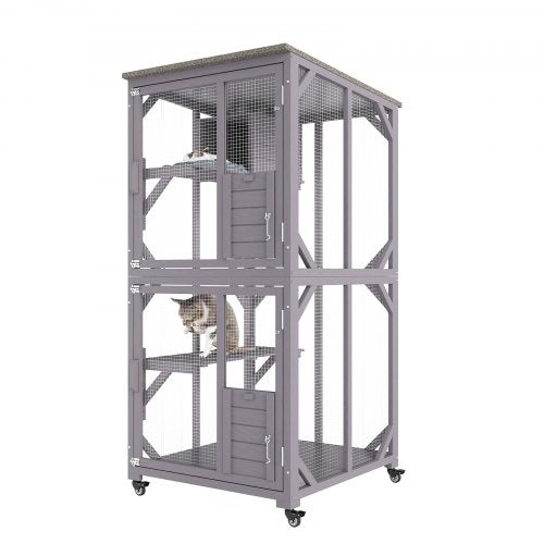 A three-tier gray wooden cat house with mesh walls and two cats inside.