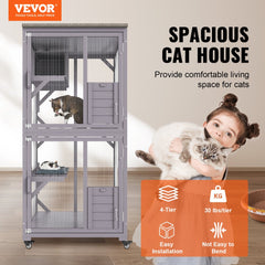 Large wooden 3-tier outdoor cat house with wheels, mesh panels, and a waterproof roof.