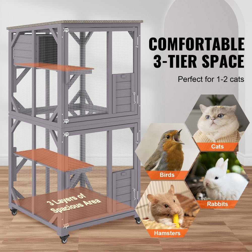 Large wooden 3-tier outdoor cat house with wheels, mesh panels, and a waterproof roof.