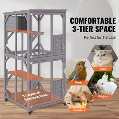 Large wooden 3-tier outdoor cat house with wheels, mesh panels, and a waterproof roof.
