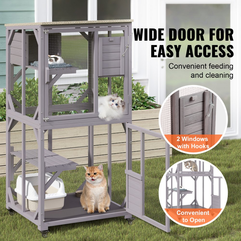 Large wooden 3-tier outdoor cat house on wheels with mesh panels and a waterproof roof.