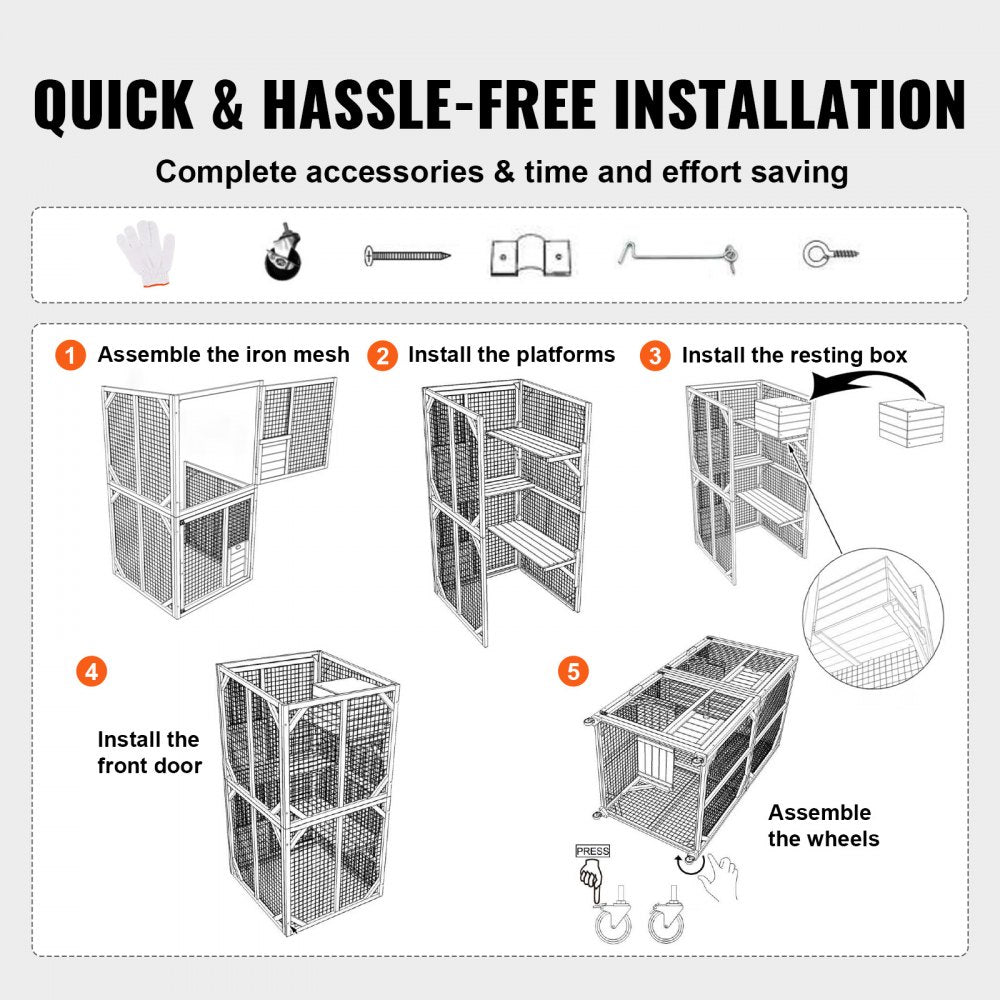 An assembly guide shows five steps to build a multi-level wire pet enclosure with wheels.
