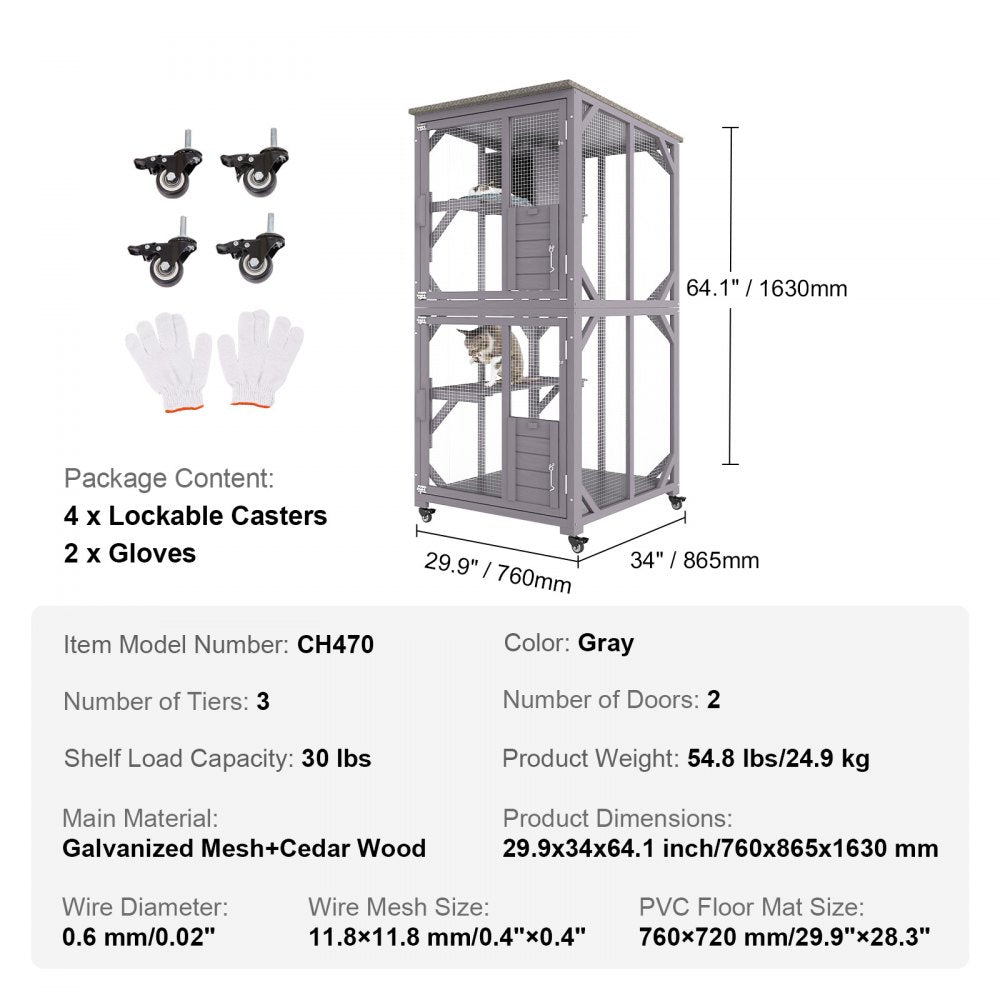 A gray, three-tier wooden cat house with wheels, featuring a cat inside.