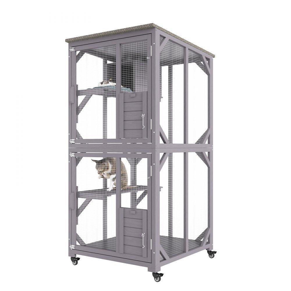 A tall, gray, three-tier wooden cat house with mesh sides and two cats inside.