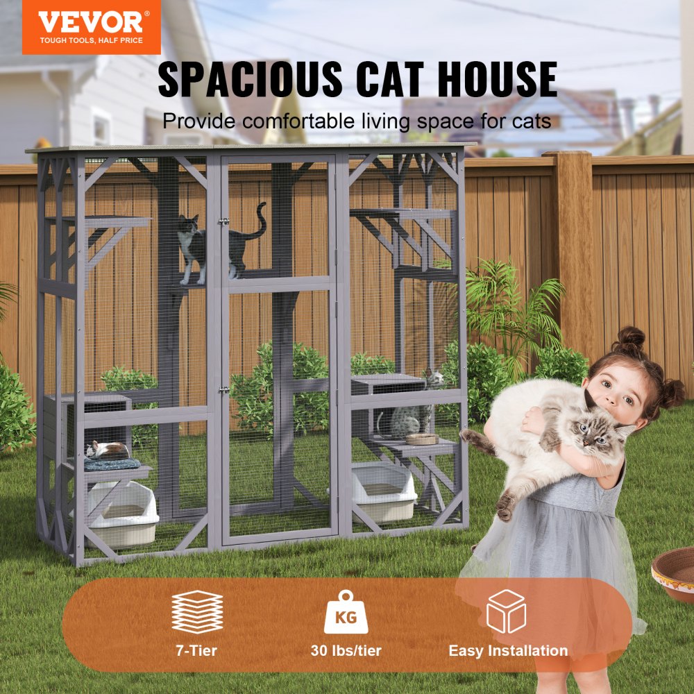 Large wooden catio enclosure with 7 tiers, resting boxes, and a waterproof roof.