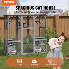 Large wooden catio enclosure with 7 tiers, resting boxes, and a waterproof roof.