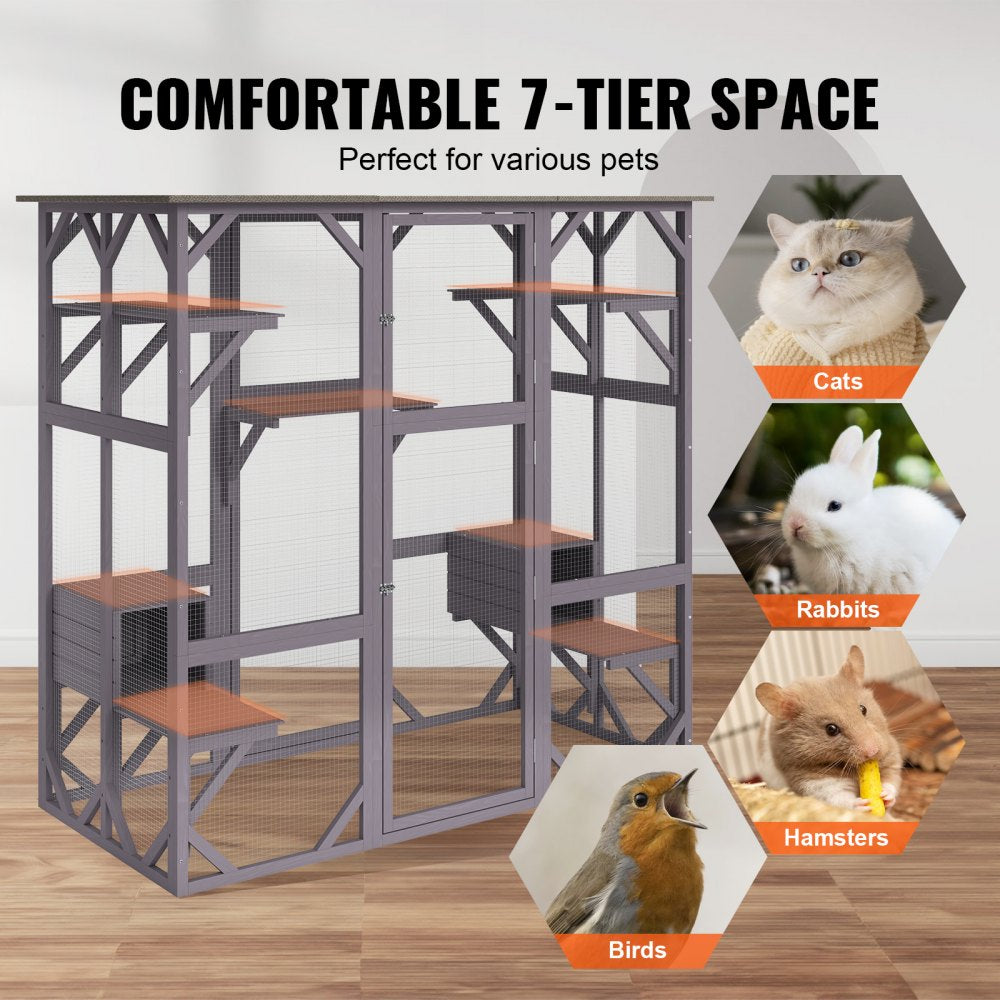 Large wooden 7-tier outdoor cat house with resting boxes and galvanized wire mesh.