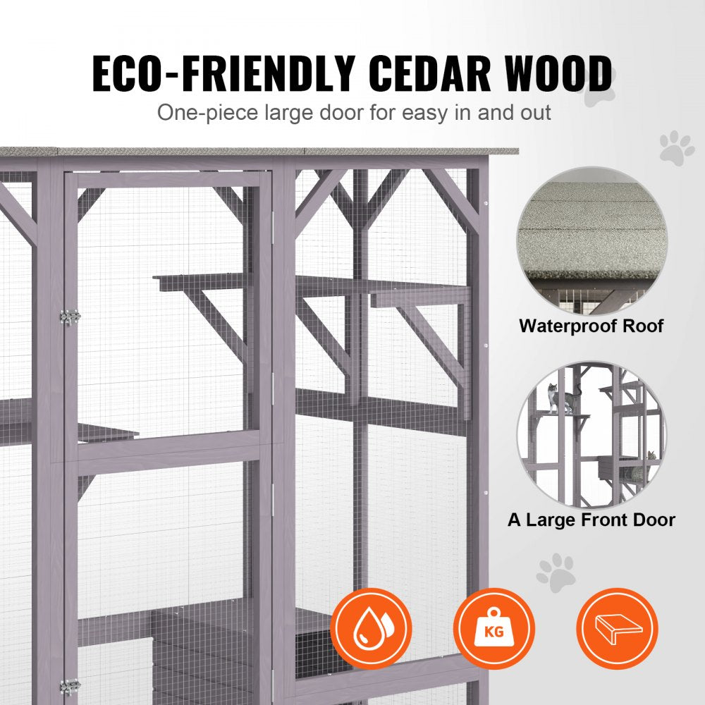 Large wooden 7-tier outdoor cat house with galvanized wire mesh and waterproof roof.