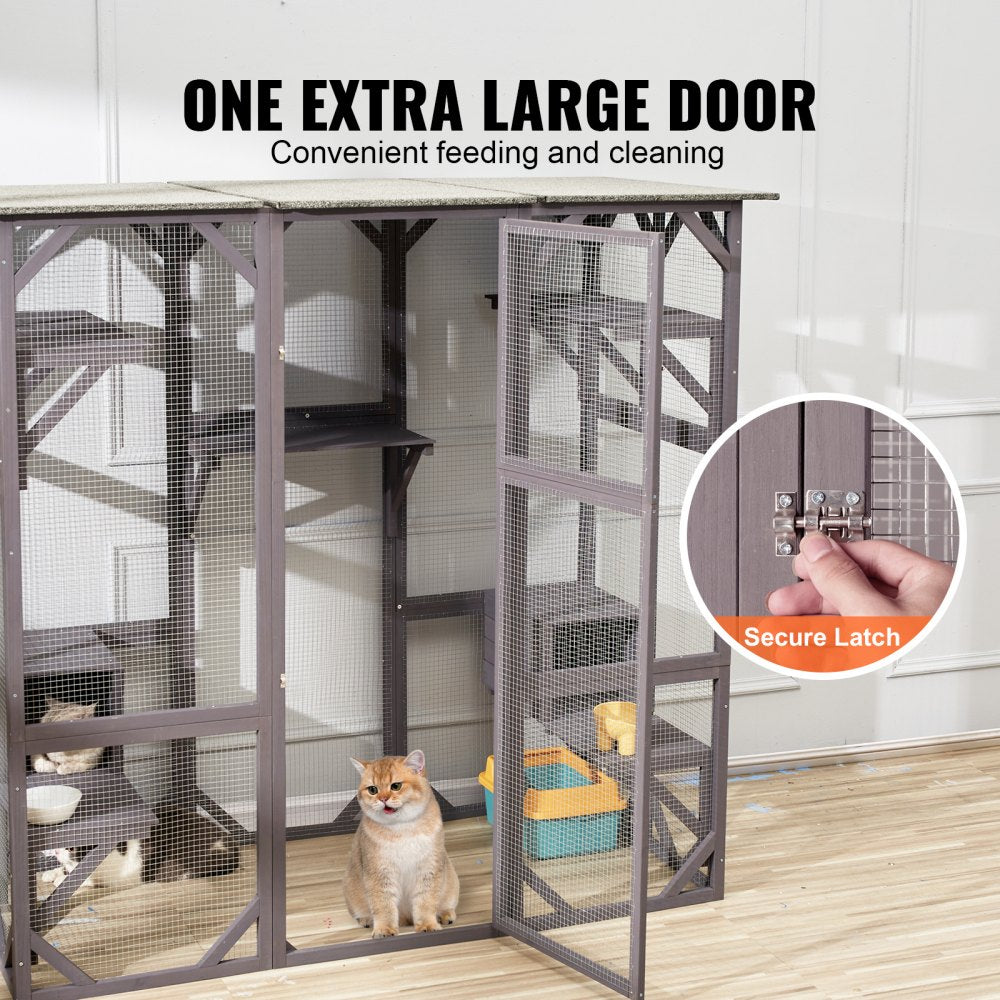 Large wooden 7-tier outdoor cat house with galvanized wire mesh and waterproof roof.