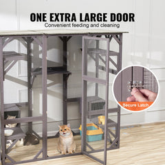Large wooden 7-tier outdoor cat house with galvanized wire mesh and waterproof roof.