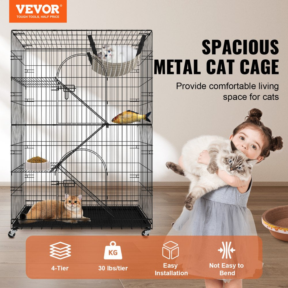Black metal 4-tier cat cage with removable tray and multiple access doors for easy maintenance.