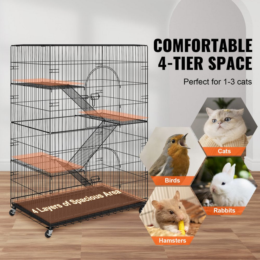 Black metal 4-tier cat cage with platforms, hammock, and removable bottom tray for easy cleaning.