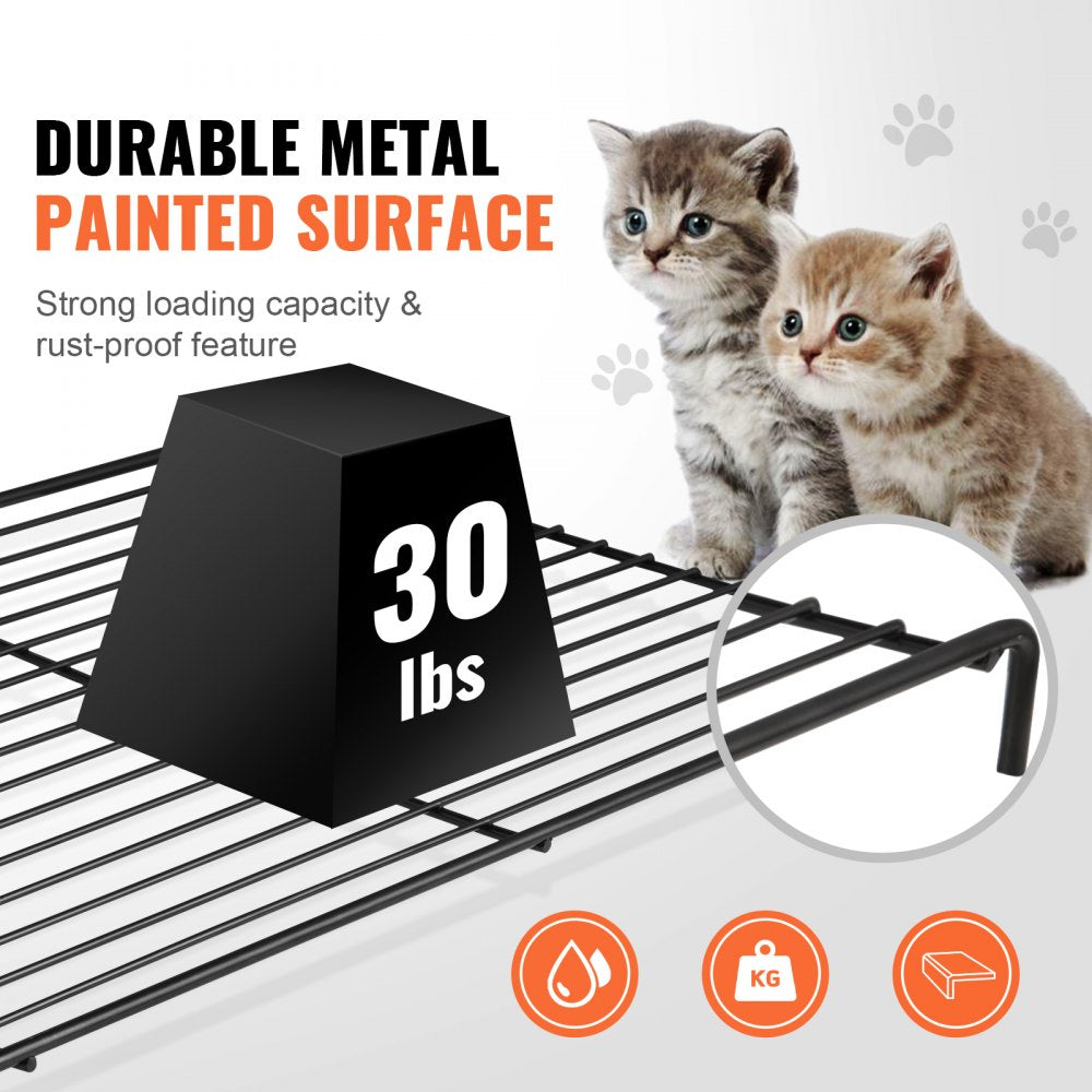 Black metal 4-tier cat cage with multiple levels and removable bottom tray for easy cleaning.