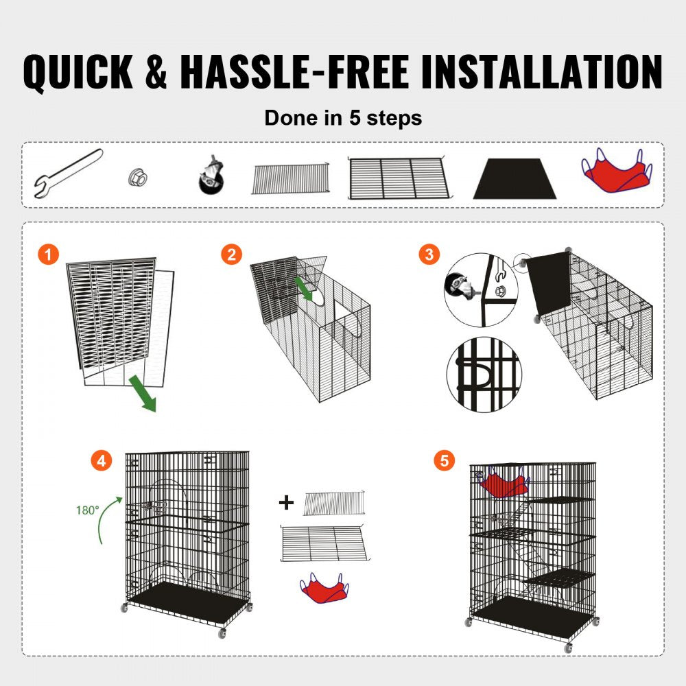 Black metal 4-tier cat cage with platforms, hammock, and easy-access doors for pets.