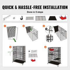 Black metal 4-tier cat cage with platforms, hammock, and easy-access doors for pets.