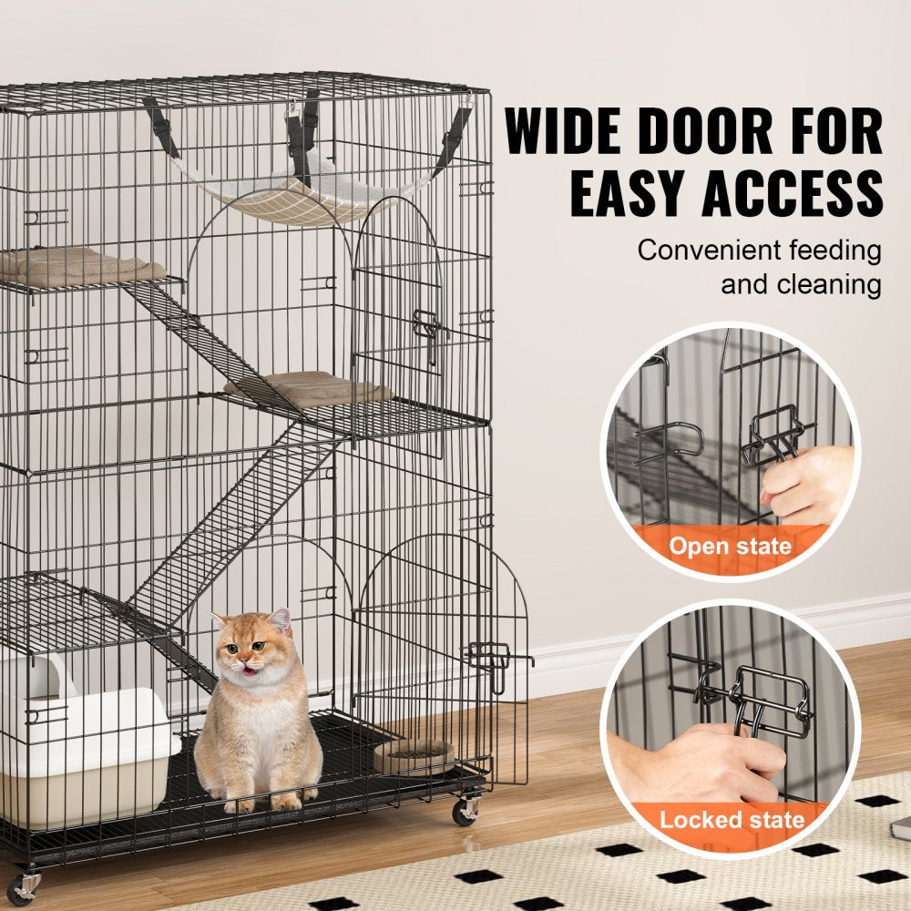 Black metal 4-tier cat cage with multiple levels and removable tray for easy cleaning.