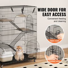 Black metal 4-tier cat cage with multiple levels and removable tray for easy cleaning.