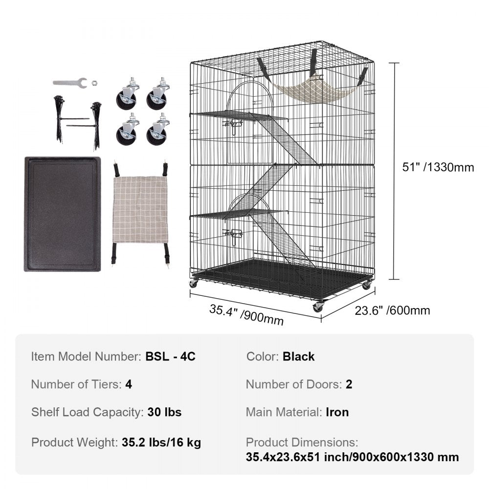Large black metal 4-tier cat cage with platforms, hammock, and ladders for indoor use.