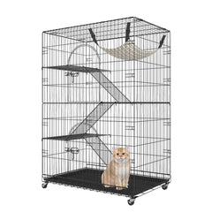 Black metal 4-tier cat cage with multiple levels, platforms, and removable bottom tray.
