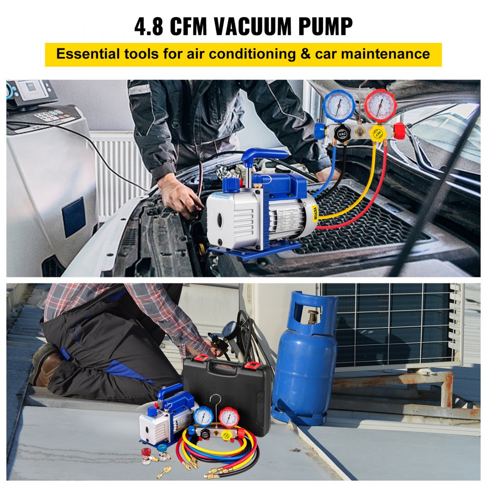 Vacuum Pump 4.8CFM 1/3 HP Single Stage HVAC A/C Refrigeration Kit 5PA Ultimate Vacuum Manifold Gauge Set R410A R134A R22 HVAC AC, 4-Way Manifold Gauge and Hose for Air Conditioning Systems