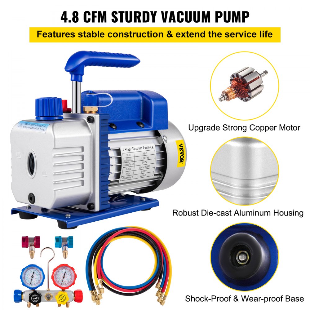 Vacuum Pump 4.8CFM 1/3 HP Single Stage HVAC A/C Refrigeration Kit 5PA Ultimate Vacuum Manifold Gauge Set R410A R134A R22 HVAC AC, 4-Way Manifold Gauge and Hose for Air Conditioning Systems
