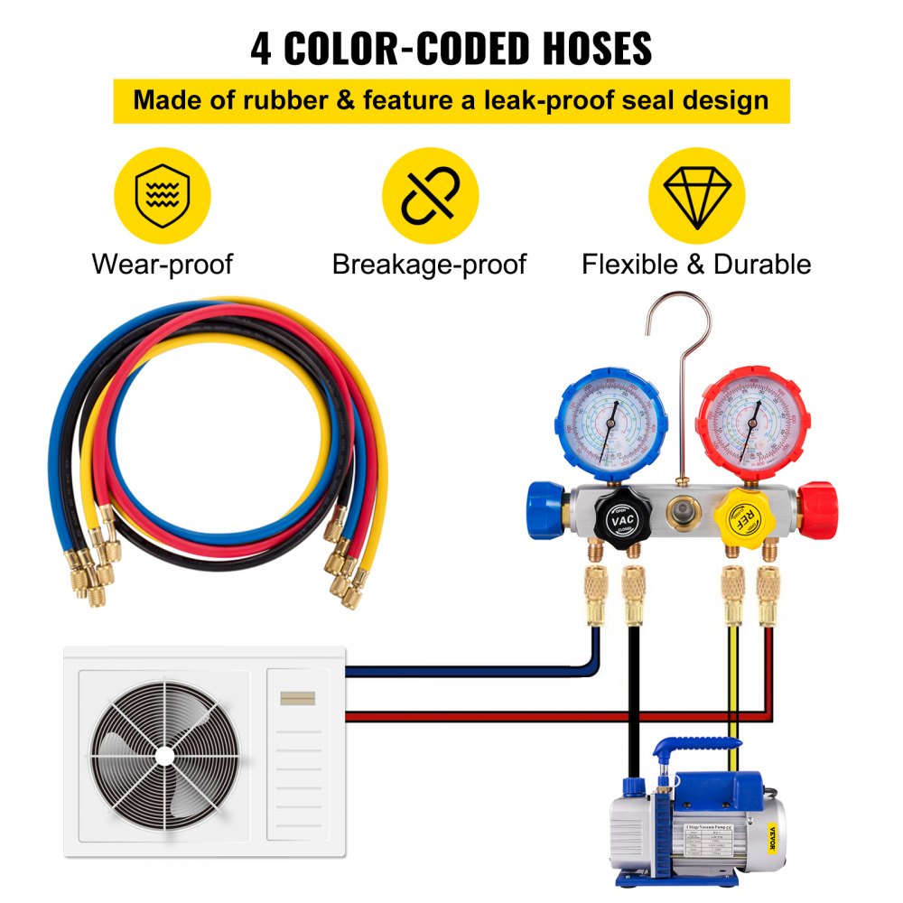 Vacuum Pump 4.8CFM 1/3 HP Single Stage HVAC A/C Refrigeration Kit 5PA Ultimate Vacuum Manifold Gauge Set R410A R134A R22 HVAC AC, 4-Way Manifold Gauge and Hose for Air Conditioning Systems